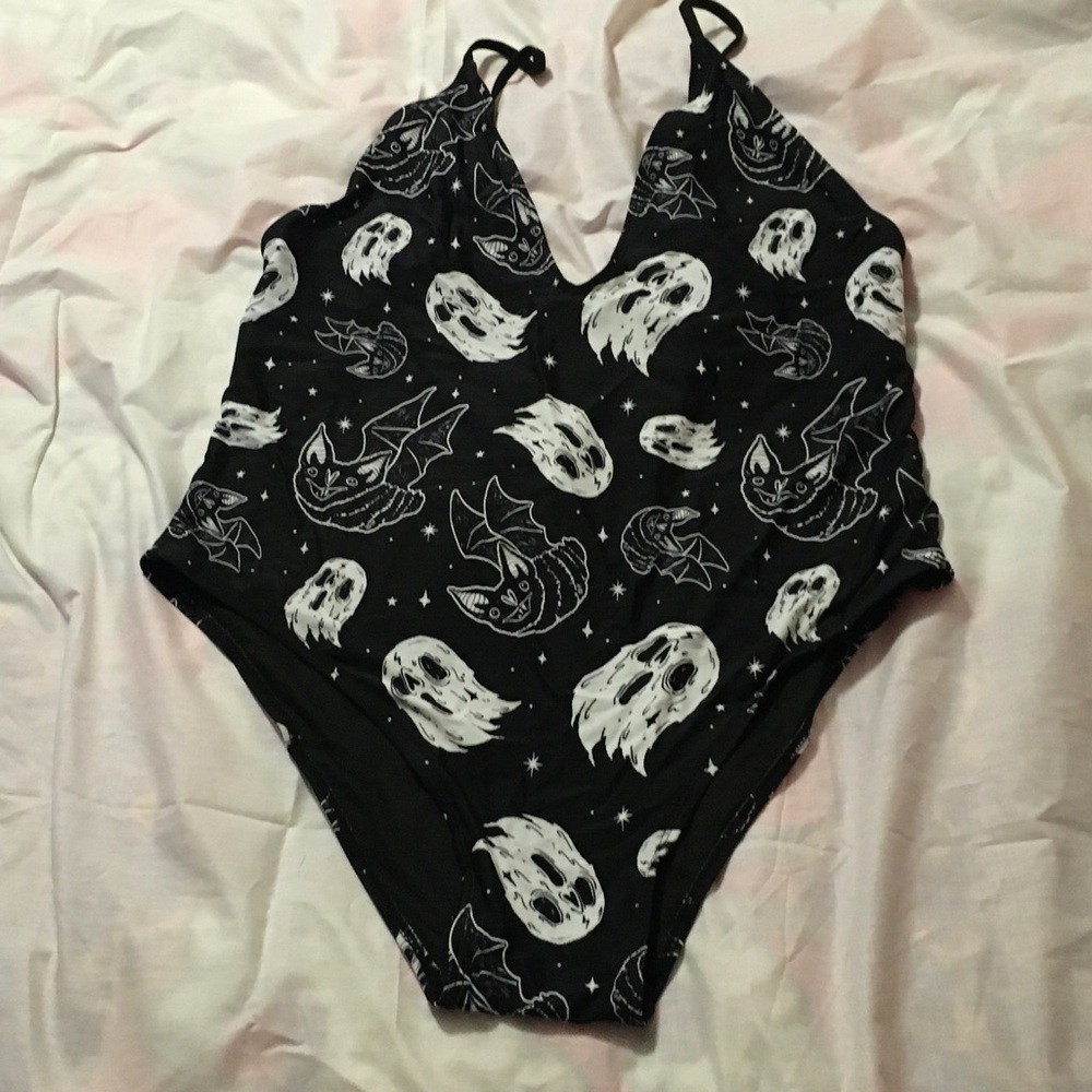 GOTH Too Fast Black & White Ghost and Bat One-Piece Swimsuit
